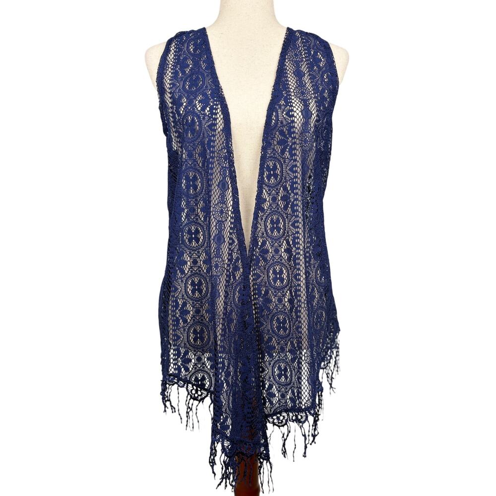 Bella de Jour Blue Lace Fringe Vest Boho Open Front Medium